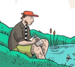 cartoon of a field researcher by a pond